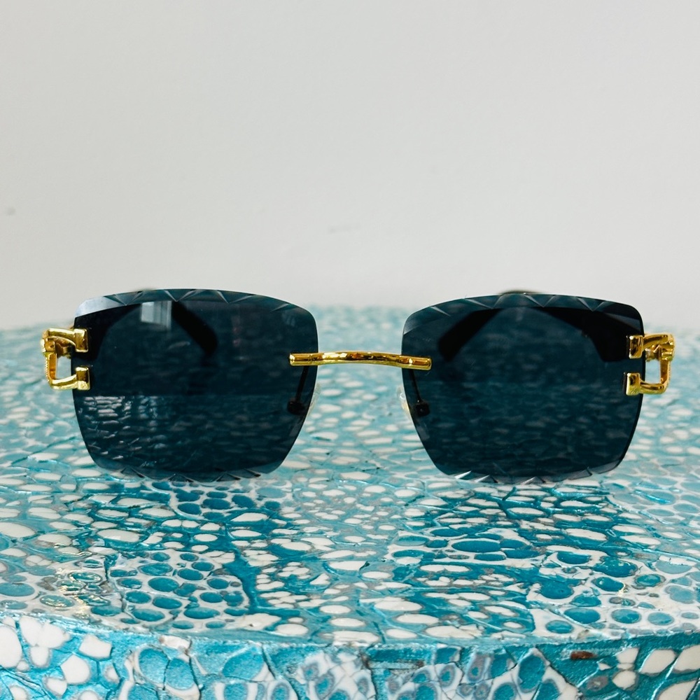 Unisex Dark Lens Sunglasses With Gold Hardware & Wooden Arms